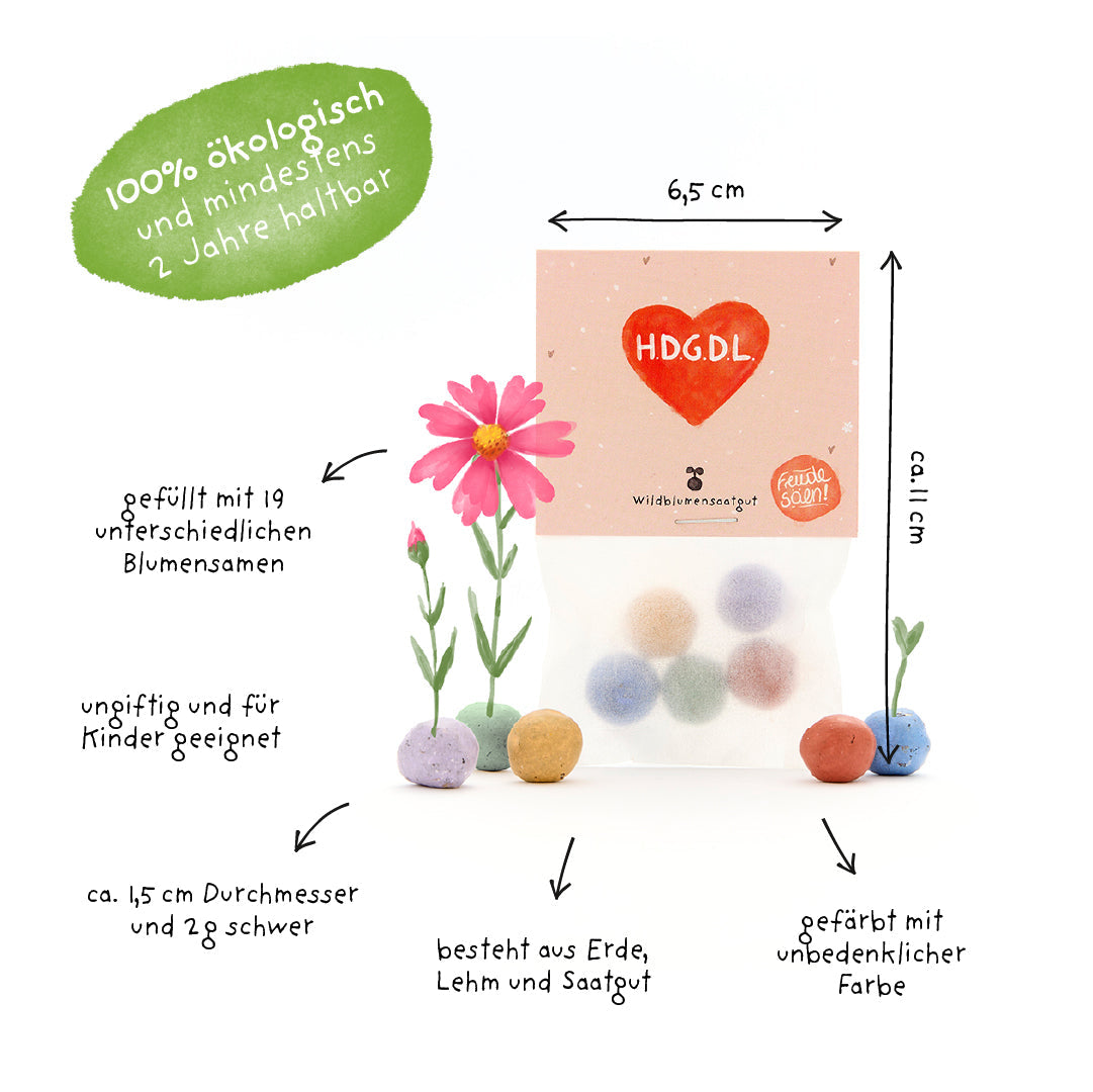 5 Blumenmurmeln im Tütchen "HDGDL" - Hab dich ganz doll lieb