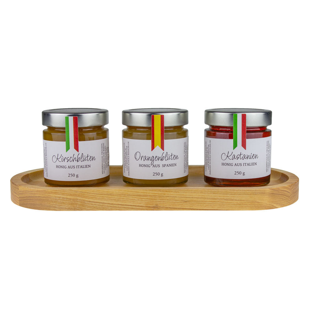 3er Honig-Geschenkset mit Holztablett