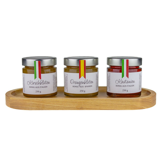 3er Honig-Geschenkset mit Holztablett