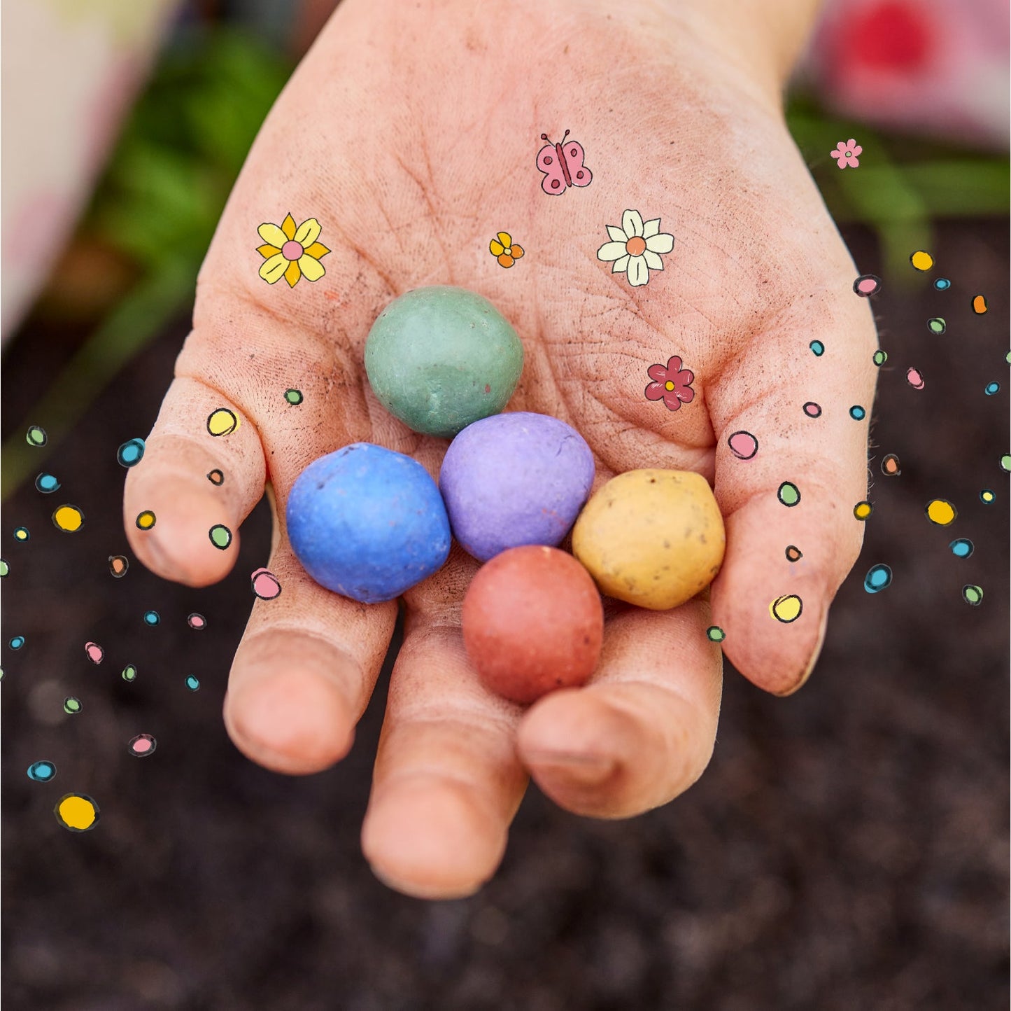 6 bunte Blumenmurmeln im Eierkarton